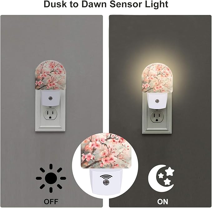 Cherry Blossom Tree Night Light Plug into Wall,Pink Watercolor Cherry Blossom Flowers Dusk to Dawn Night Light Plug in,0.5w Energy Saving NightLight for Kids Boys Girls Home Decor