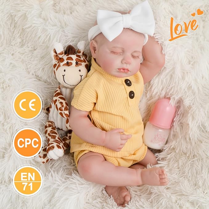 Jirachi Lifelike Reborn Baby Dolls, Real Life Vinyl Body Sleeping Baby Girl, 18 Inch Realistic Reborn Baby with Feeding Accessories for Girls Age 3+