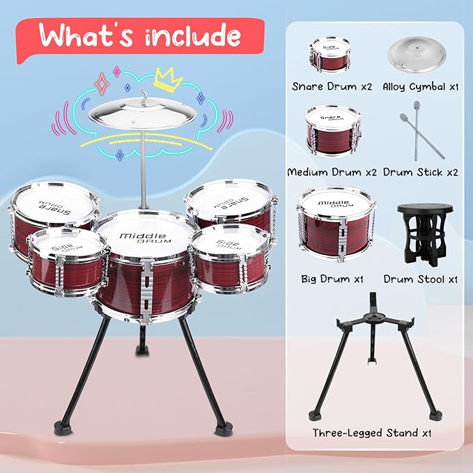Upgraded Kids Drum Set, 5 Piece Toy Set for Toddlers1-3 3-5 Band Rock Jazz Drum Musical Instrument Toys for Boys Girls Christmas Birthday Gifts