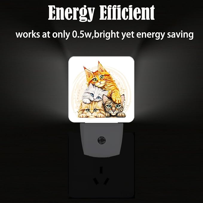 Colorful Cats Night Light,Plug-in Night Lights with Dusk to Dawn Sensor for Stairway,Hallway,Bedroom Sleep Friendly Ideal for Women/Girls/Boys Gift,0.5w