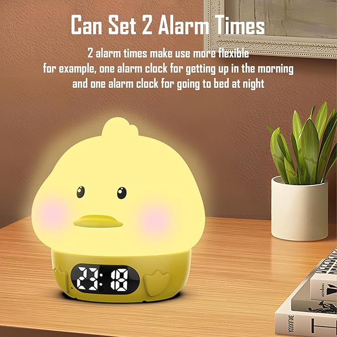 Cute Duck RGB Rechargeable Night Light, Soft Silicone Lampshade, Adjustable Brightness LED Clock, Date, Alarm, Thermometer, Timer, Tap Control, Bedroom Lamp, Gift for Girl and Kid (Yellow Duck)