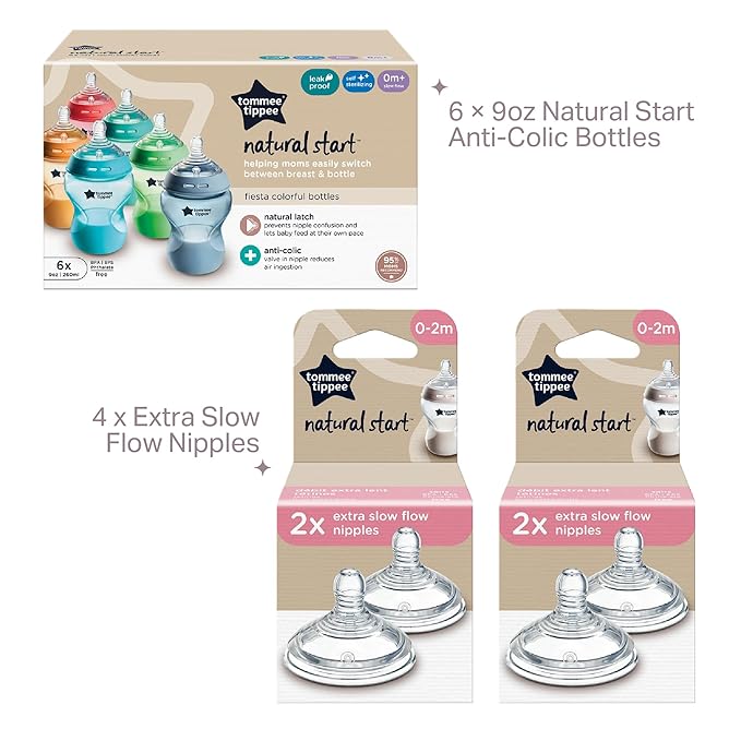Tommee Tippee Natural Start Bottle and Nipple Bundle, 6 Fiesta Color, Anti-Colic 9 oz BPA Free Baby Bottles, 0+ Months, Slow Flow Breast-Like Nipple, Baby Bottle Nipples, Extra Slow Flow, 10 Pieces