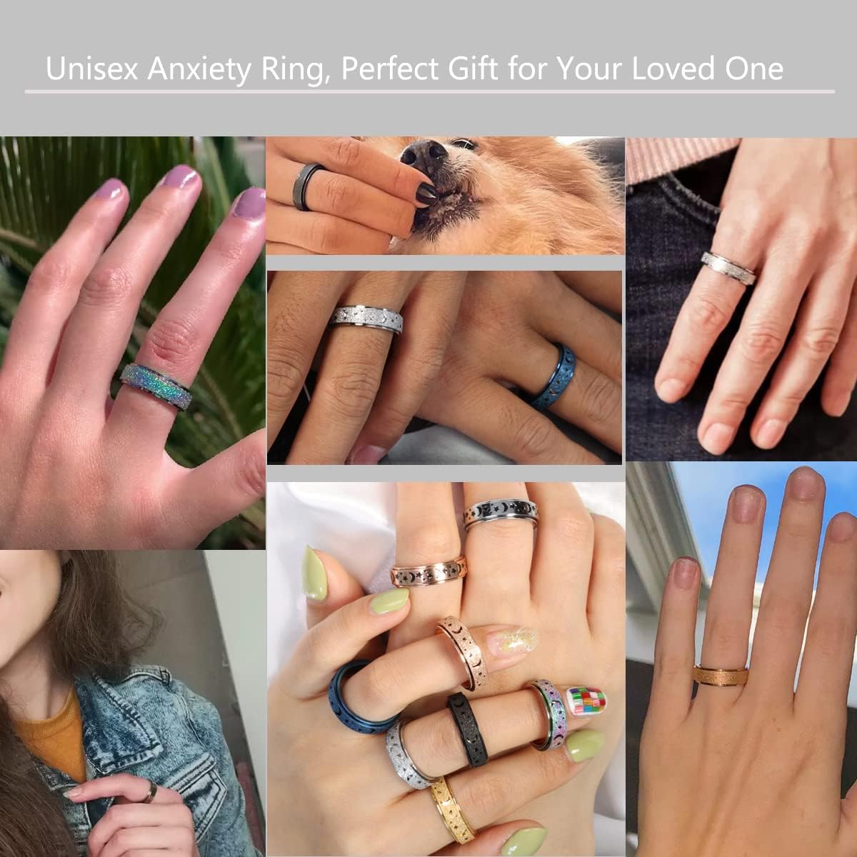 Anxiety Ring for Women Men, Titanium Stainless Steel Spinner Ring, 5 Colors, 6MM, Size 6-10, 3 Styles Anxiety Ring-Moon Star, Sandblasted Finished, Hollow Outer