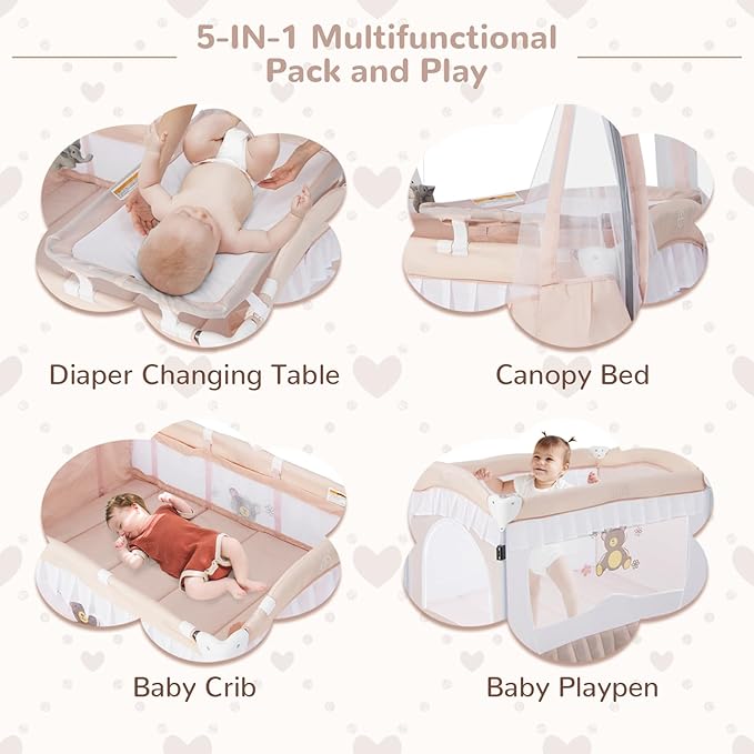 HONEY JOY 4-in-1 Pack and Play with Canopy, Portable Baby Playard w/Changing Table and Infant Bassinet Cute Toys & Music, Foldable Bassinet for Newborn and Toddler(Light Pink)