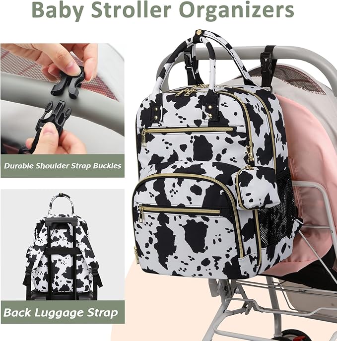 Diaper Bag Backpack,Baby Essentials Diapers Bag with Pacifier Case,Multipurpose Stylish Large Capacity Travel Backpack for Baby Girl/Boy(L-Cow Print)