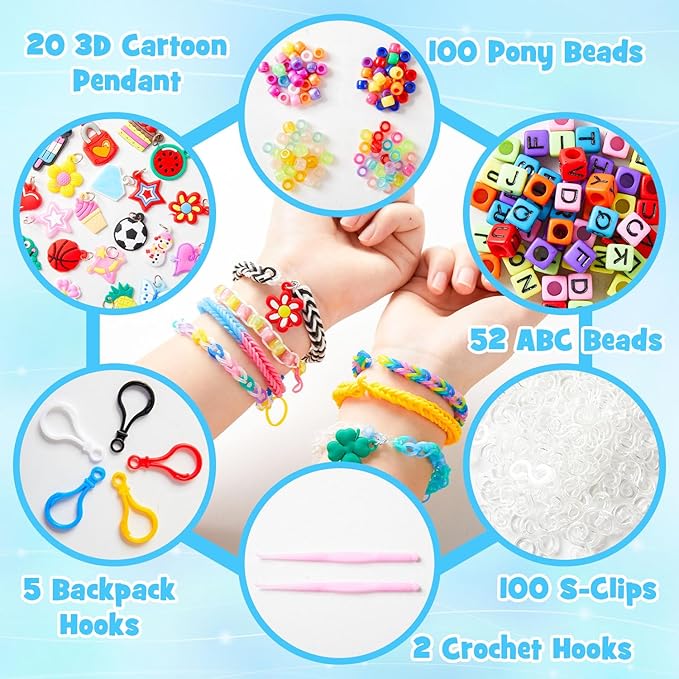 INSCRAFT 2590+ Colorful Loom Band Kit, 28 Colors Bracelet Making Kit with Storage Case, 100 Clips, 152 Beads, 20 Pendants, 5 Backpack Hooks and 1 Instructions, Christmas Birthday Gift for Girls Boys