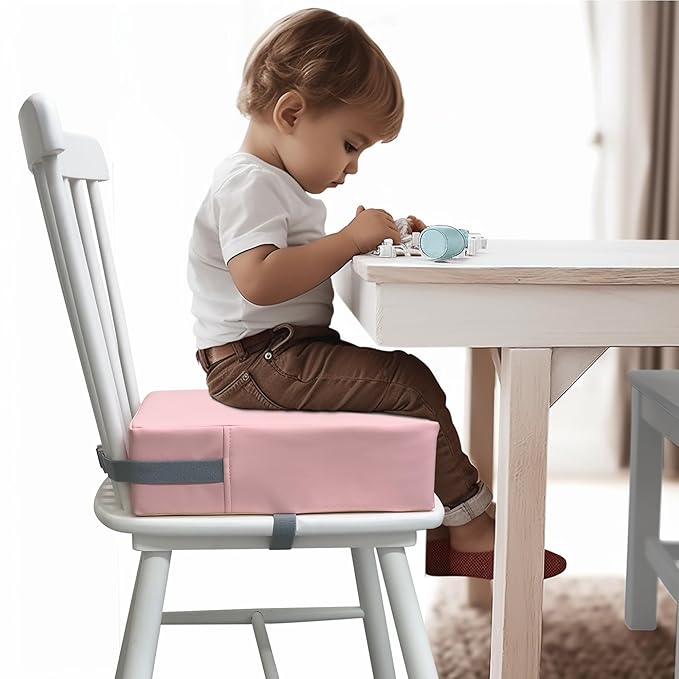 Toddler Booster Seat for Dining Table, 2 Elastic Seat Belts, Anti Scratch PU Skin-Friendly, Waterproof, Anti-Wrinkle, Detachable Non-Slip Bottom - Pink