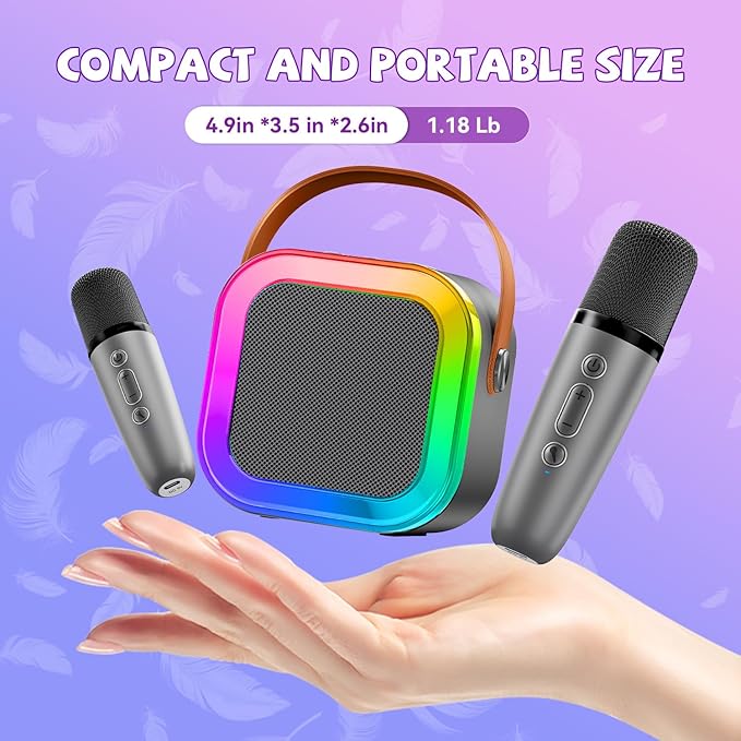 【2025 Newest】 Mini Karaoke Machine for Kids Girls & Boys - Portable Bluetooth Speaker with 2 Wireless Microphones - Kids Birthday Gifts for Ages 4-10 - Kids' Instrument Accessories - Space Gray