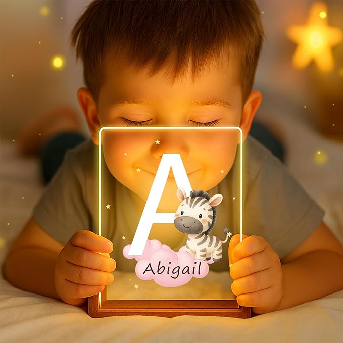 Custom Baby Gift Night Light for Baby Boys Girls Nursery Decor, Personalized Initial Name LED Night Light with Wooden Base, LED Color-Changing Lamp for Toddlers Kids 3