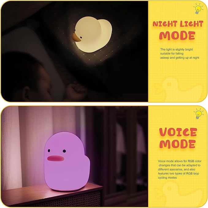 UNEEDE Voice Control LED Benson Night Light, Cute Duck Animal Silicone Nursery Night Light Rechargeable Table Lamp Bedside Lamp with Touch Sensor for Baby Girls Women Bedrooms, Living Room