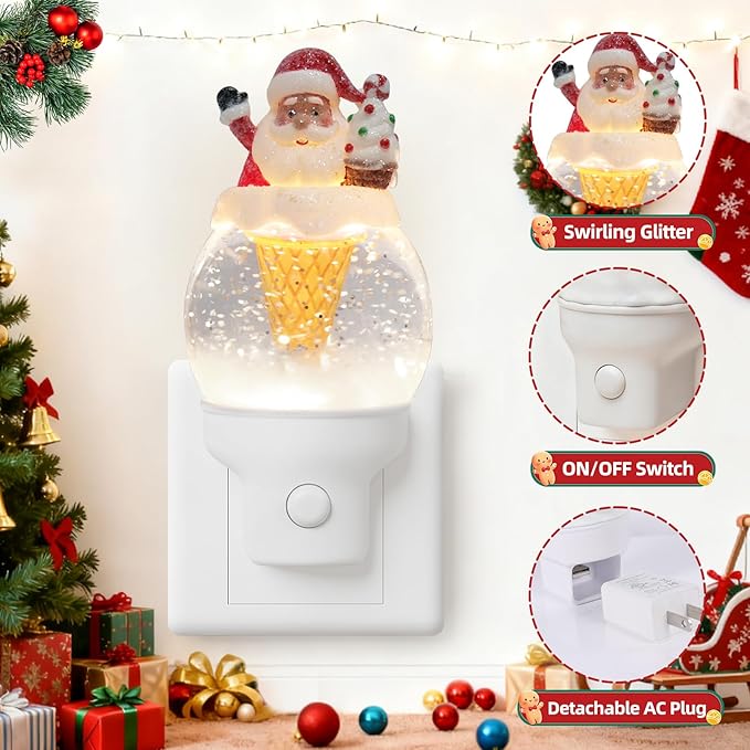 Christmas Night Light Plug into Wall Swirling Glitter USB Portable Christmas Decorative Night Light Decoration for Kids Adults Bedroom Kitchen Living Room Holiday Decor (Santa Cookie Cones)