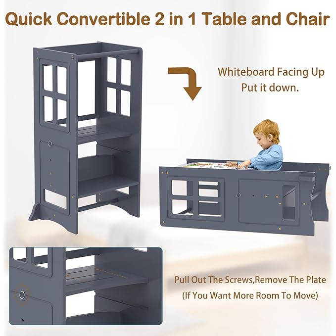 4 in 1 Toddler Kitchen Stool Helper, Adjustable Height Learning Standing Tower with Whiteboard, Toddler Step Stool 2 in 1 Convertible Table and Chair for Kids 1.5 to 6 Years Old