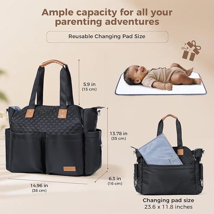 Lekebaby Diaper Bag Tote, Large Diaper Bags Waterproof,Large Mommy Bag Tote Bag Handbag Pink Travel, Black and Beige
