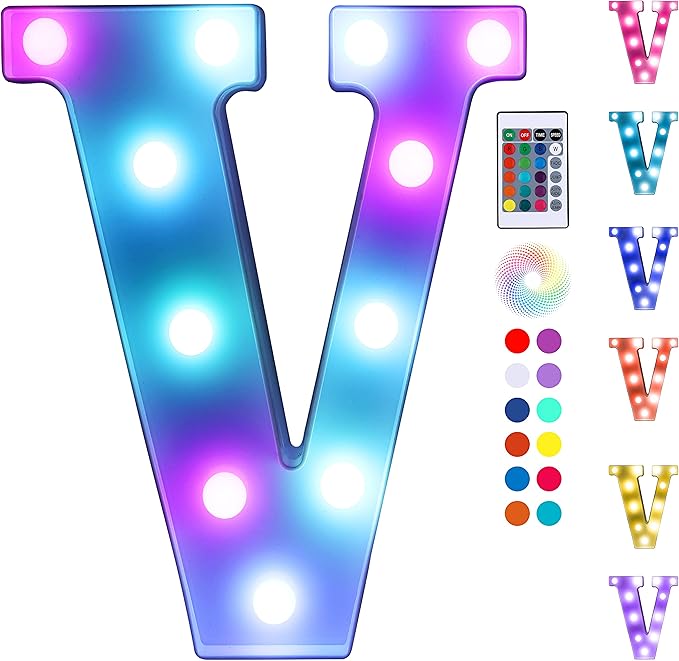 Foaky Colorful LED Letter Lights with Remote,Marquee Light Up Letters Sign for Night Light Wedding/Birthday Party Battery Powered Christmas Lamp Home Bar Decoration(V)