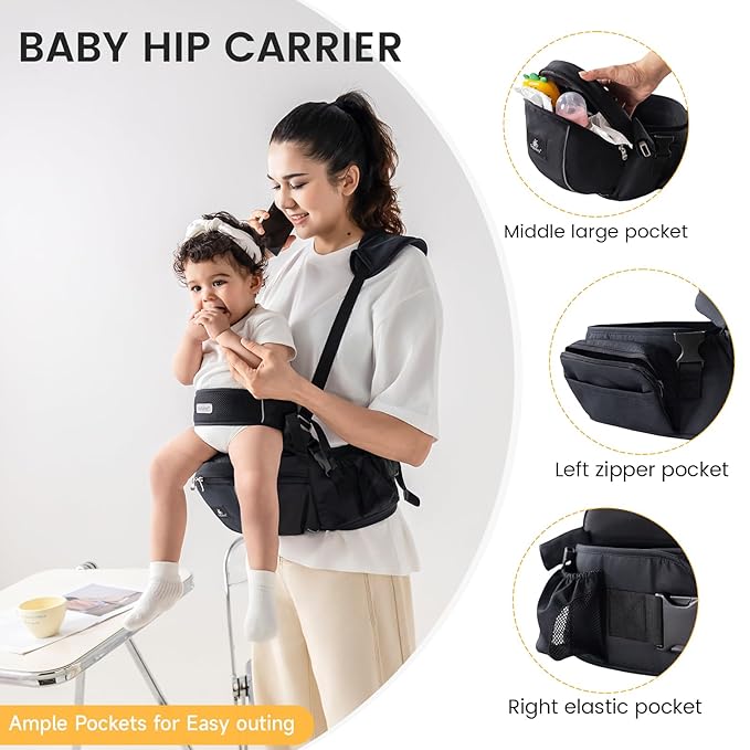 Ergonomic Baby Hip Carrier-Baby Waist Stool with Adjustable Strap and Chest Harness Huge Storage Enhanced Lumbar, Carrier for Newborn to Toddler Black