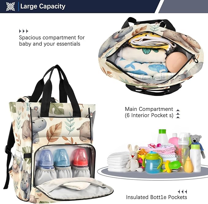 Cute Hippos Diaper Bag Backpack, Unisex Travel Baby Backpack Diaper Bags with Stroller Straps & Pacifier Case, Large Capacity Waterproof Diaper Backpack