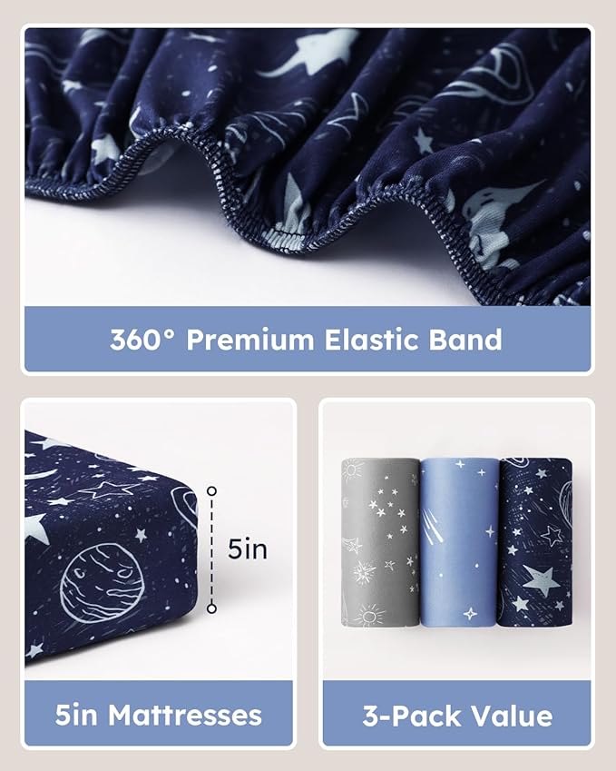 Pack and Play Sheets Fitted 3 Pack, Mini Crib Sheets for Pack N Play Mattress Stretchy Portable Playard Sheets, Soft Breathable Blue Gray Planet