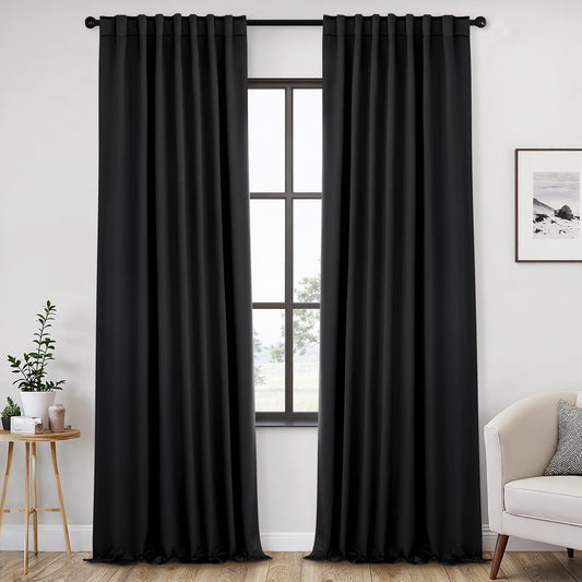 ANRODUO Back Tab Blackout Curtains for Bedroom Living Room, Rod Pocket Pinch Pleated Thermal Insulated Room Darkening Curtains 96 Inches Long 2 Panels, Black, 52 x 96 Inch