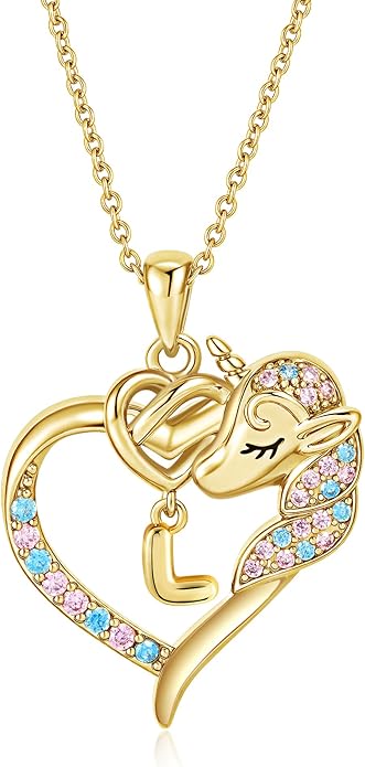 Unicorn Necklaces for Teen Girls Kids - Colorful CZ 18K Gold Plated Heart Initial Necklaces for Women Gold Jewelry Birthday Unicorn Gifts for Girls 6-8 Women