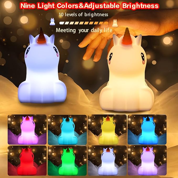WHA&DARREN Large Unicorn Night Light for Kids,Cute Baby Night Light, Silicone Bedside Lamp,Sleep LED Lights, Eye Caring, Adjustable Brightness & Color, Time Setting, Touch Control & Remote Control