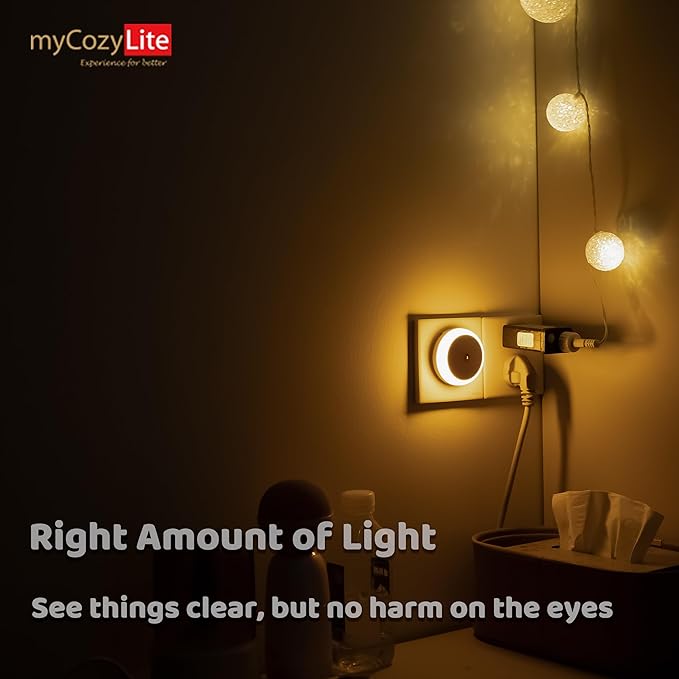 myCozyLite LED Night Lights Plug into Wall, Dusk to Dawn Sensor, Warm Hue, Plug in Night Light, Automatic Dimming, 2 Pack Night Lights for Kids, Adults, Hallways, Stairway, Kitchen, Bathroom, Bedroom