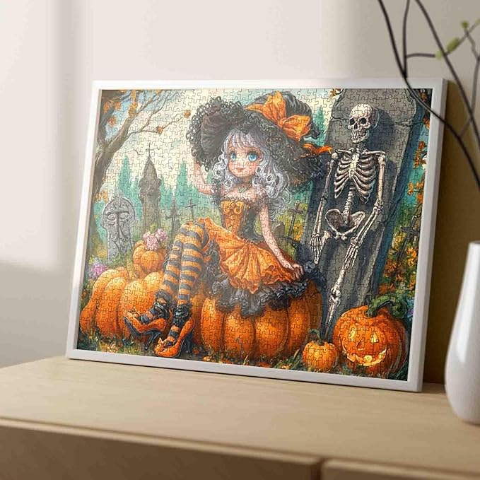 1000 Piece Jigsaw Puzzle for Adults Halloween Witch Fantasy Puzzle with Pumpkins Skeleton and Graveyard – Spooky Gothic Art Puzzle for Women Men Teens Family Challenging Fun Halloween Decor Gift
