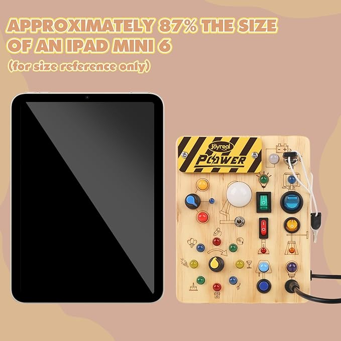 Joyreal Montessori Busy Board Wooden Sensory Toys for Toddler with LED Light Up Switch, Baby Fidget Board Travel Toys for 18+ Months, Boys Girls Birthday, Medium