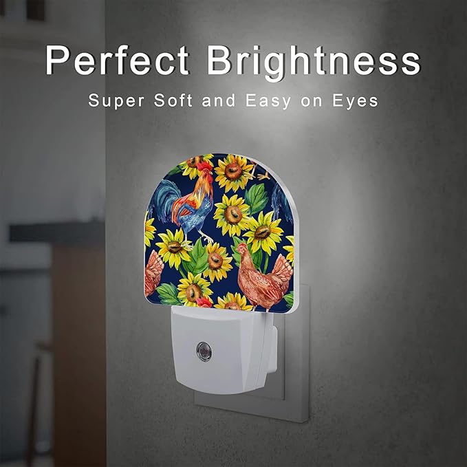 Vintage Hen Rooster with Sunflowers Night Light, Watercolor Farm Animals Floral Dusk to Dawn Night Light Plug in,0.5w Energy Saving Sleep Friendly NightLight for Kids Boys Girls Home Decor