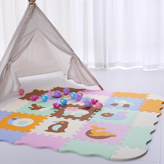 Foam Play Mat for Kids，25Pcs Square Interlocking Puzzle Floor Mat，Baby Play Mat Floor Mat Foam Puzzle Playmat for Toddlers with Fence（Animal-CSH007