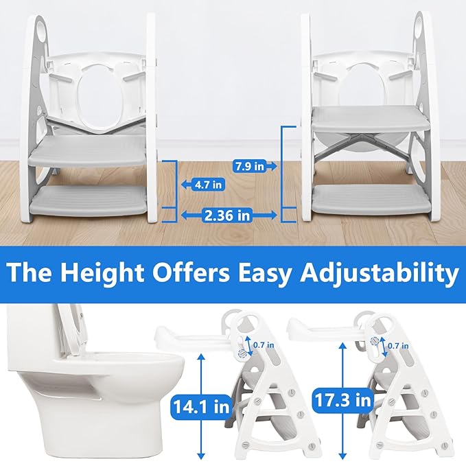 Potty Training Seat: 2 in 1 Design Potty Seat for Toilet & Nursery Step Stool for Sink Potty Training Toilet with Height Adjustable Ladder for Kids of All Ages (Gray)