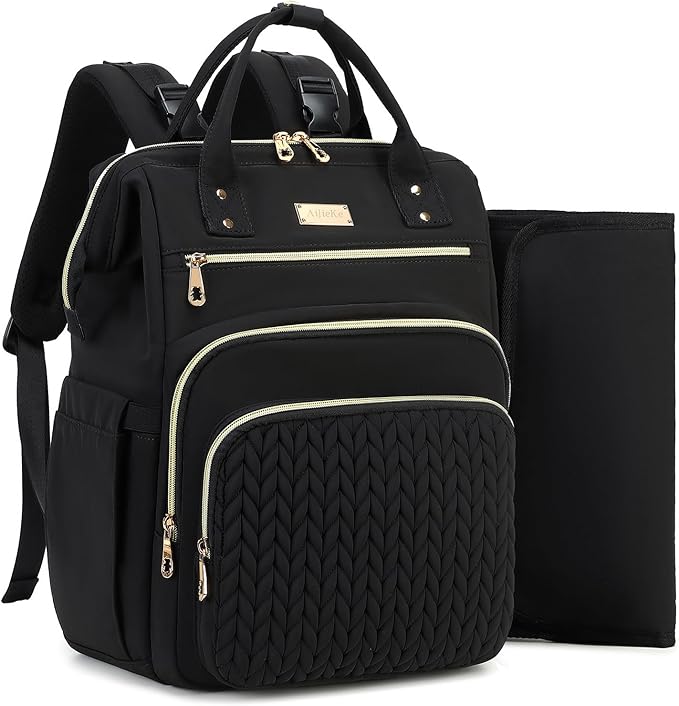 AIJIEKE Diaper Bag, Large Wide-Open Baby Diaper Backpack, Multi-functional Baby Travel Tote Bag, Diaper Bag with Changing Pad, Diaper Bags for Mom & Maternity (Black)