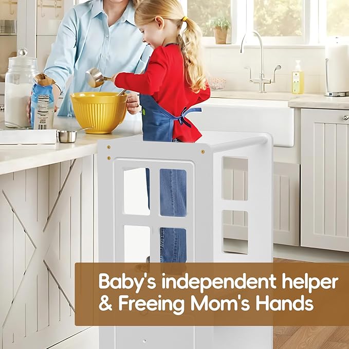 4 in 1 Toddler Kitchen Stool Helper Tower, Adjustable-Height Toddler Step Stool with Double-Sided Whiteboard, Anti-Slip Protection, Kids Learning Standing Tower for Kitchen Counter Bathroom Sink