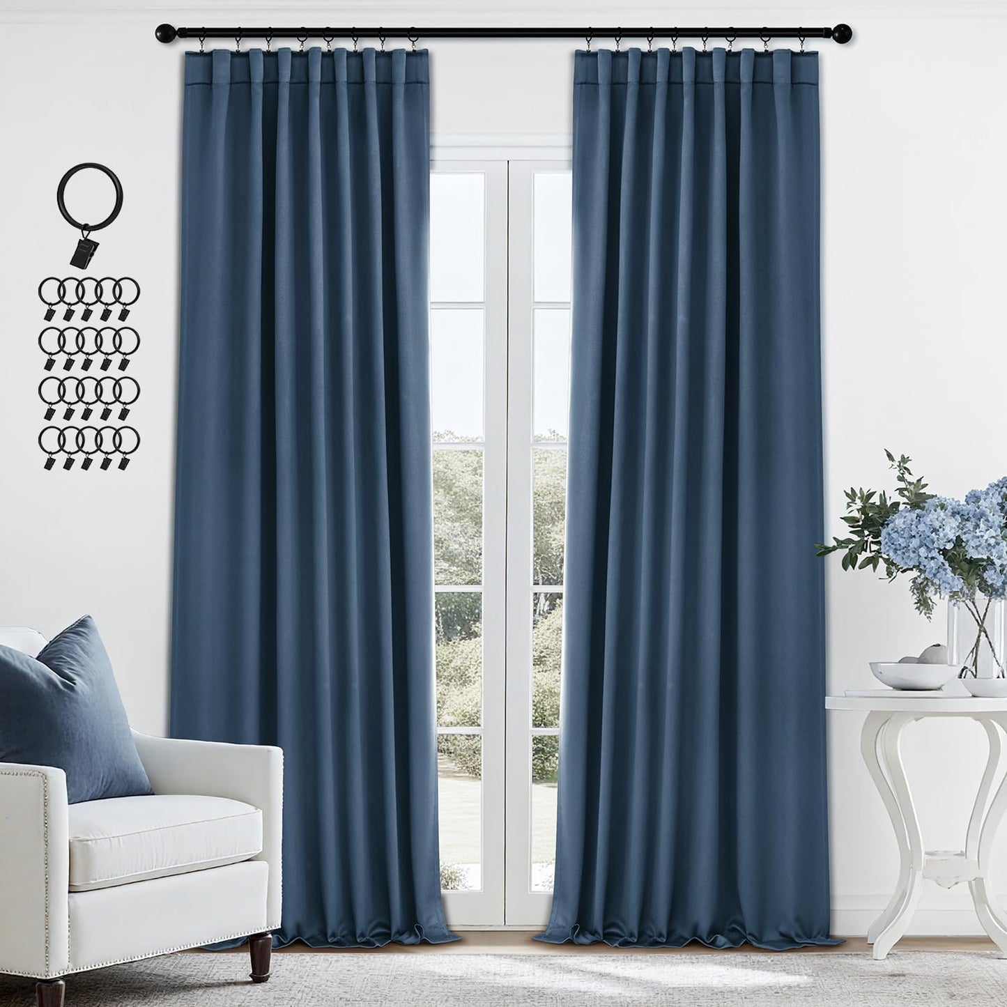 ANRODUO Back Tab Blackout Curtains for Bedroom Living Room, Rod Pocket Pinch Pleated Thermal Insulated Room Darkening Curtains 96 Inches Long 2 Panels, Stone Blue, 42 x 96 Inch