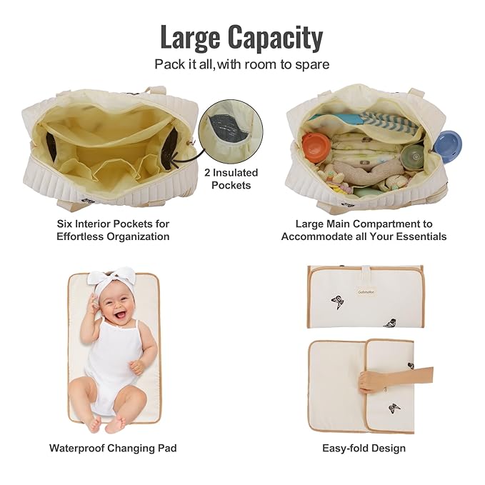 Large Diaper Bag Tote, Maternity Travel diaper tote, Multifunction baby bag, Baby Nappy Bags, Messenger bag (Medium - Beige Butterflies)
