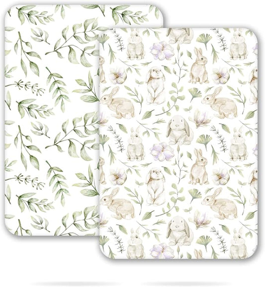 TCBunny 2 Pack Premium Fitted Baby 38X26 Mini Crib Sheets, Pack N Play Bassinet Sheets - Ultra-Soft 100% Cotton, Stylish Rabbit, and Garden Pattern, Safe and Snug for Baby