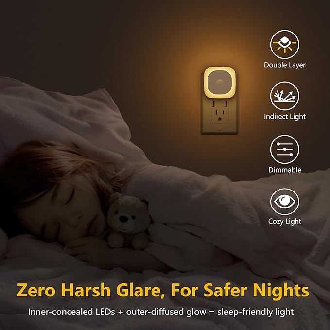 2 Pack Plug in Night Light with Motion Sensor & Dusk to Dawn Sensor, 3 Sensor Modes, Dimmable Night Lights Plug into Wall, Warm White Nightlight for Kids, Bathroom, Bedroom, Kitchen, Indoor