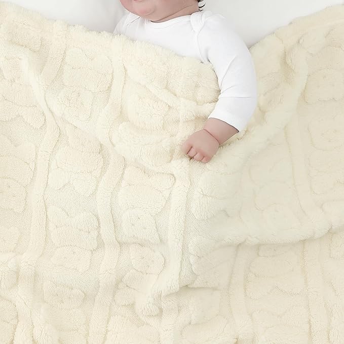 CREVENT 30"X40" Cozy Soft Warm Sherpa Baby Blanket for Girls Boys, Newborn Essentials for Infant, Baby Shower Receiving Gift - Ivory Bear 75X100cm + Gift Bag with Ribbon