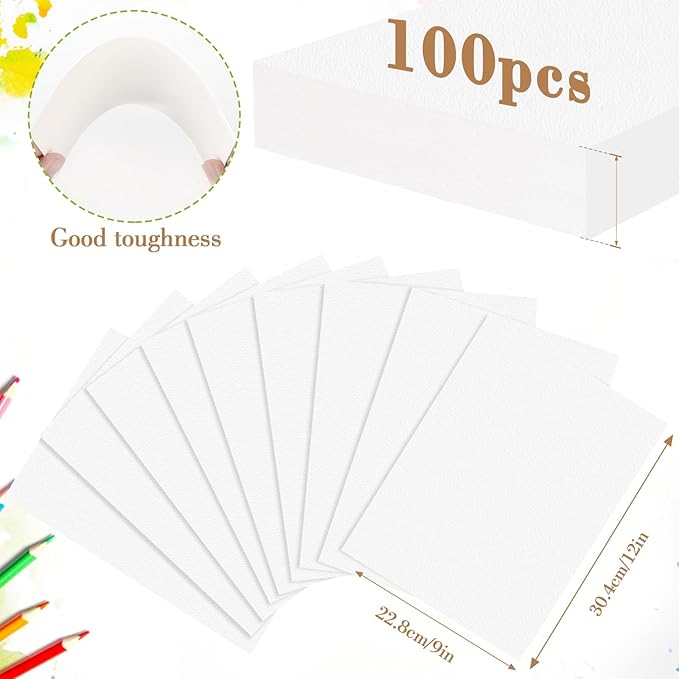 100PCS 9x12 Watercolor Paper Bulk, 140lb/300g Cold Press Thick Water Color Paper Pad for Kid Child Adult, White Art Paper for Drawing Painting Markers Gouache, Textured Cotton Paper Sheets