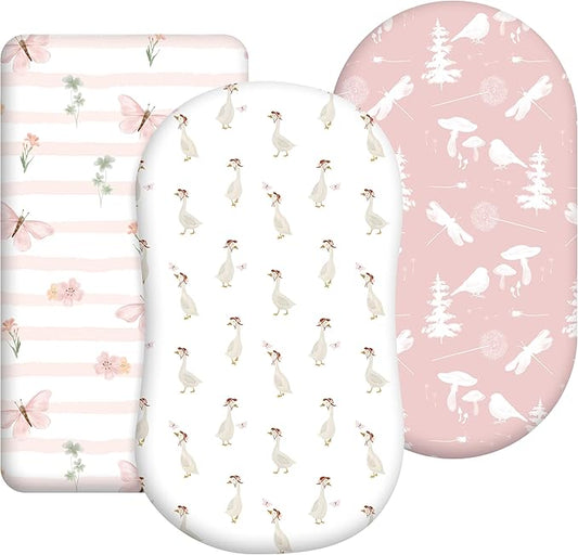 3-Pack Organic Bassinet Sheets for Girls Stretch, Soft Cozy Fitted Bassinet Mattress Sheet (32" x 16") Universal Fit for Hourglass, Oval, & Rectangle Mattresses Pink Butterfly