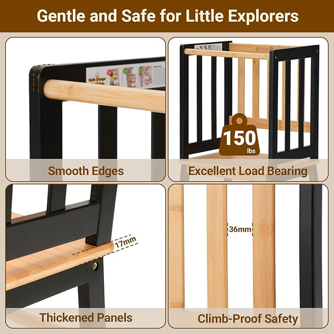 COSYLAND Kids Kitchen Step Stool Helper - Wooden Standing Tower for Kids with Anti-Tip Support Legs - Mothers' Helper Kids Learning Stool for Kitchen Counter (Black & Natural)