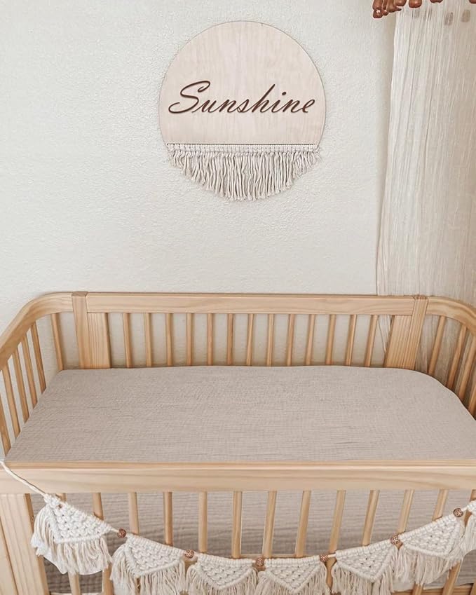 Mini Crib Sheets for Baby, Fitted Pack N Play Mattress and Mini Cribs 24" x 38", Neutral Muslin Cotton Mini Crib Mattress Sheet with Boho Style, Soft and Breathable Comfort (Beige)