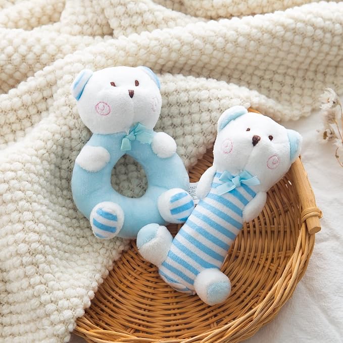Plush Baby Soft Rattle Toys, Blue Bear Baby Rattles for Infants Baby First Stuffed Animal Plush Rattle Shaker Set for Newborns Soft Ring Rattle Sensory Toys for Infant Boys Girls Shower Gifts, 2 PCS