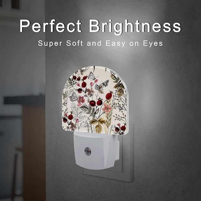 Vintage Flowers Butterfly Night Light, Watercolor Floral Dusk to Dawn Night Light Plug in,0.5w Energy Saving Sleep Friendly NightLight for Kids Boys Girls Home Decor
