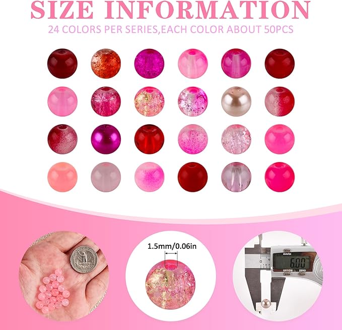 XSEINO About 1200PCS 6mm Glass Beads Bracelet Making Kit,24 Assorted Red and Pink Series Colorful Crystal Beads for Bracelet and Jewelry Making and DIY Crafts,Friendship Bracelets
