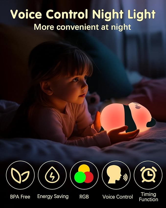 Voice Control Panda Night Light, 6 Colors 30-Minute Timer, Cute Animal Silicone Nursery Night Light Rechargeable Table Lamp Bedside Lamp with Touch Sensor for Baby Girls Women Bedrooms, Living Room