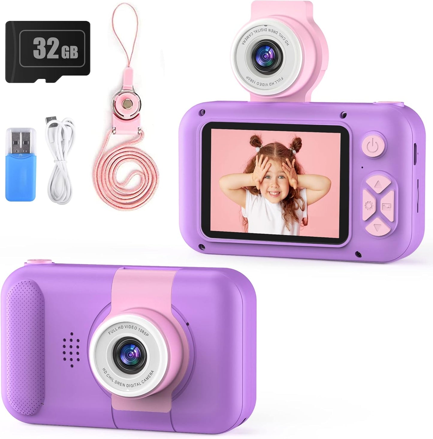 Kids Camera with 180° Flip-up Lens for Selfie & Video, HD Digital Video Cameras for Toddler with 32GB SD Card, Ideal for 3-8 Years Old Girls Boys on Birthday Christmas Party as Gift