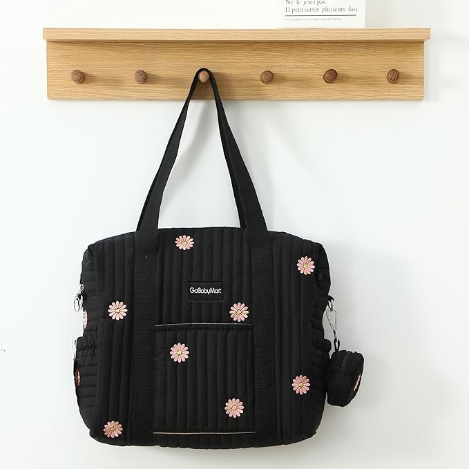 Large Diaper Bag Tote, Maternity Hospital Travel diaper tote, Multifunction baby bag, Baby Nappy Bags, Messenger bag (Medium - Black Flowers)