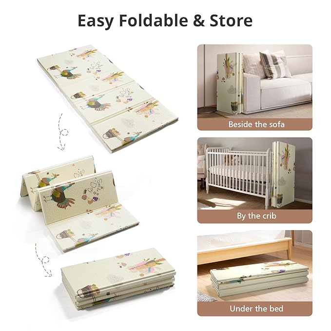 Baby Play Mat, Reversible, Waterproof Foam Padded Play Mat for Infants, Babies, Toddlers, Plays and Tummy Time, Foldable, 71x59 Inches Baby Crawling mat with Travel Bag for Indoor and Outdoor