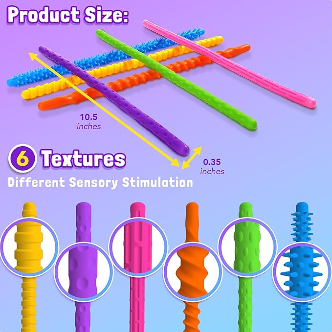 Sensory Fidget Toys for Kids: 6 Pack Textured Silicone Fidget Stick for Stress Anxiety Autistic ADHD, Quiet Desk Fidgets for Classroom, Travel Classroom Must Haves, Stocking Stuffers Gifts