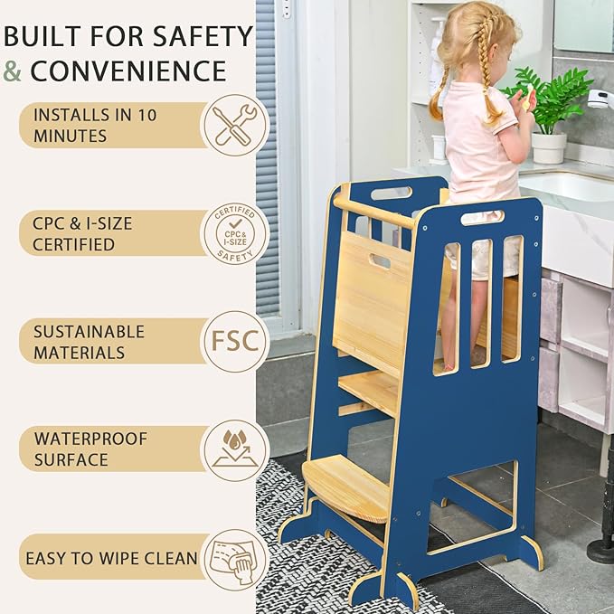 WINGYZ Toddler Kitchen Stool – Adjustable Helper Tower for Kids with Safety Rail, Wooden Standing Step-Up Stool, Sliding Door & Stable Base, Dark Blue